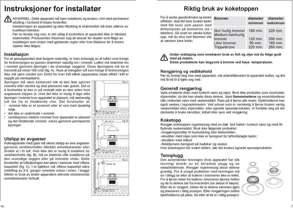 Produsenten fraskriver seg alt ansvar for skader som følge av installasjon som bryter med gjeldende regler eller hvis tiltakene for å hindre ulykker ikke følges.