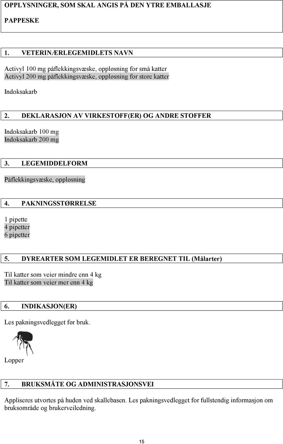 DEKLARASJON AV VIRKESTOFF(ER) OG ANDRE STOFFER Indoksakarb 100 mg Indoksakarb 200 mg 3. LEGEMIDDELFORM Påflekkingsvæske, oppløsning 4. PAKNINGSSTØRRELSE 1 pipette 4 pipetter 6 pipetter 5.