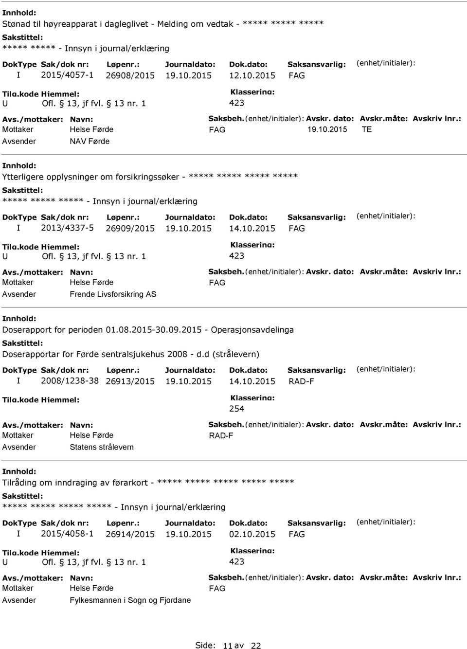 2015 Frende Livsforsikring AS Doserapport for perioden 01.08.2015-30.09.2015 - Operasjonsavdelinga Doserapportar for Førde sentralsjukehus 2008 - d.