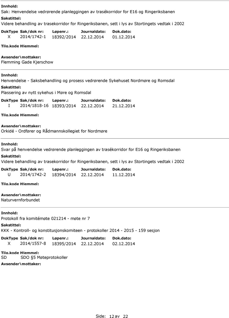 12.2014 Orkidé - Ordfører og Rådmannskollegiet for Nordmøre Svar på henvendelse vedrørende planleggingen av trasékorridor for E16 og Ringeriksbanen Videre behandling av trasekorridor for