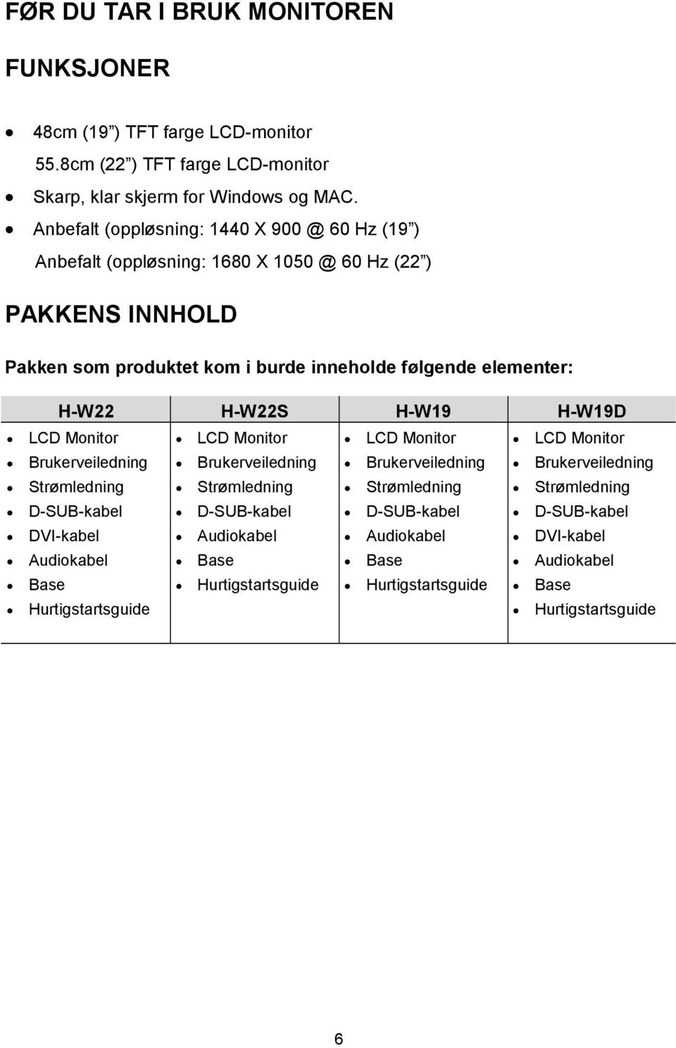 H-W22S H-W19 H-W19D LCD Monitor LCD Monitor LCD Monitor LCD Monitor Brukerveiledning Brukerveiledning Brukerveiledning Brukerveiledning Strømledning Strømledning Strømledning