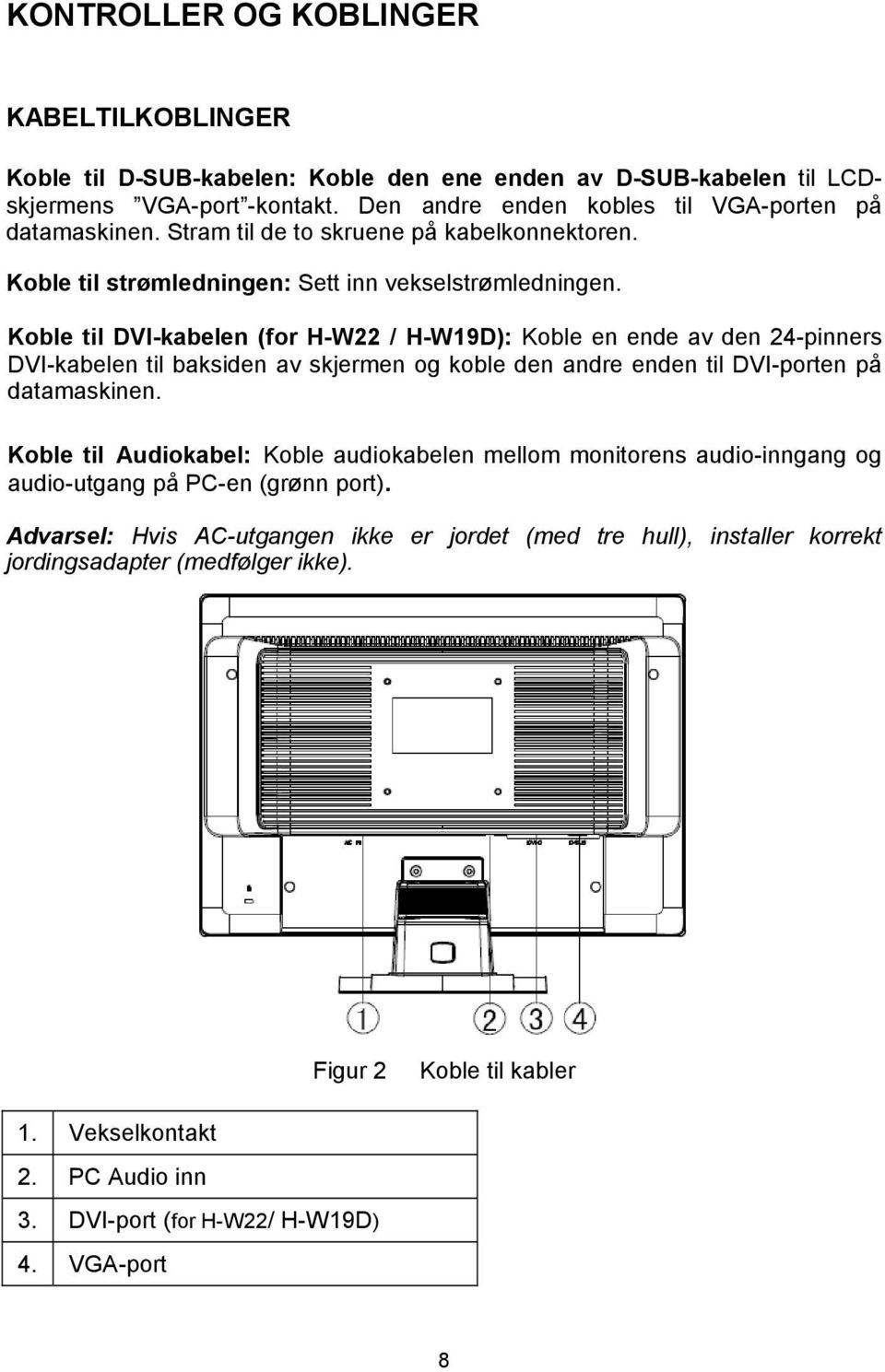 Koble til DVI-kabelen (for H-W22 / H-W19D): Koble en ende av den 24-pinners DVI-kabelen til baksiden av skjermen og koble den andre enden til DVI-porten på datamaskinen.