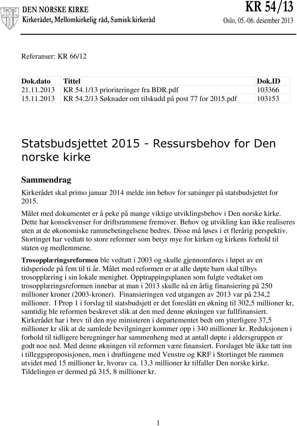 pdf 103153 Statsbudsjettet 2015 - Ressursbehov for Den norske kirke Sammendrag Kirkerådet skal primo januar 2014 melde inn behov for satsinger på statsbudsjettet for 2015.