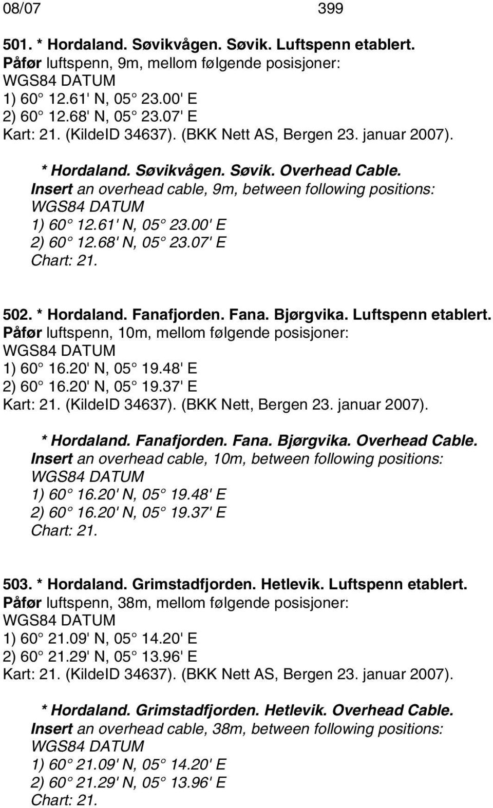 07' E Chart: 21. 502. * Hordaland. Fanafjorden. Fana. Bjørgvika. Luftspenn etablert. Påfør luftspenn, 10m, mellom følgende posisjoner: 1) 60 16.20' N, 05 19.48' E 2) 60 16.20' N, 05 19.37' E Kart: 21.