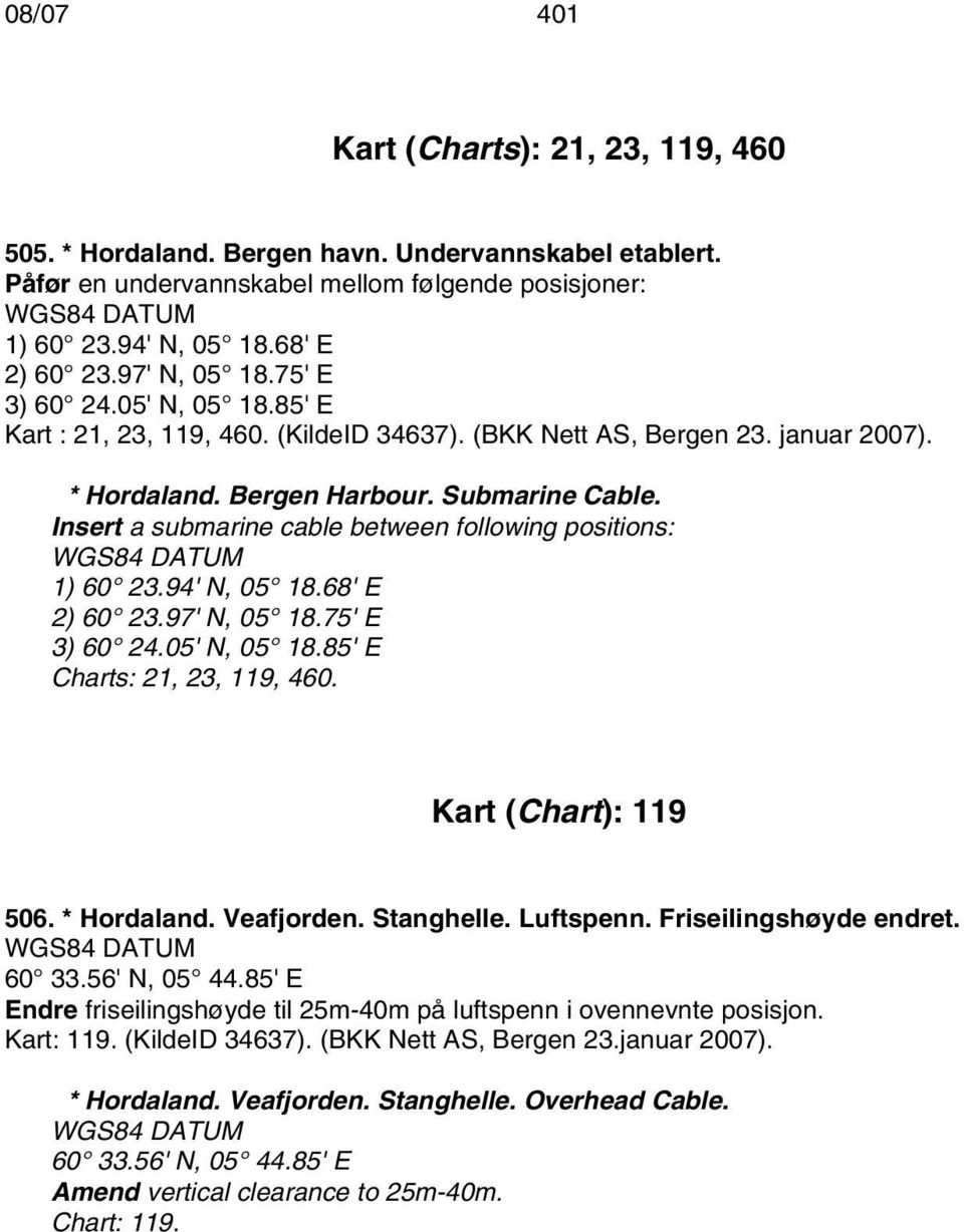 Insert a submarine cable between following positions: 1) 60 23.94' N, 05 18.68' E 2) 60 23.97' N, 05 18.75' E 3) 60 24.05' N, 05 18.85' E Charts: 21, 23, 119, 460. Kart (Chart): 119 506. * Hordaland.