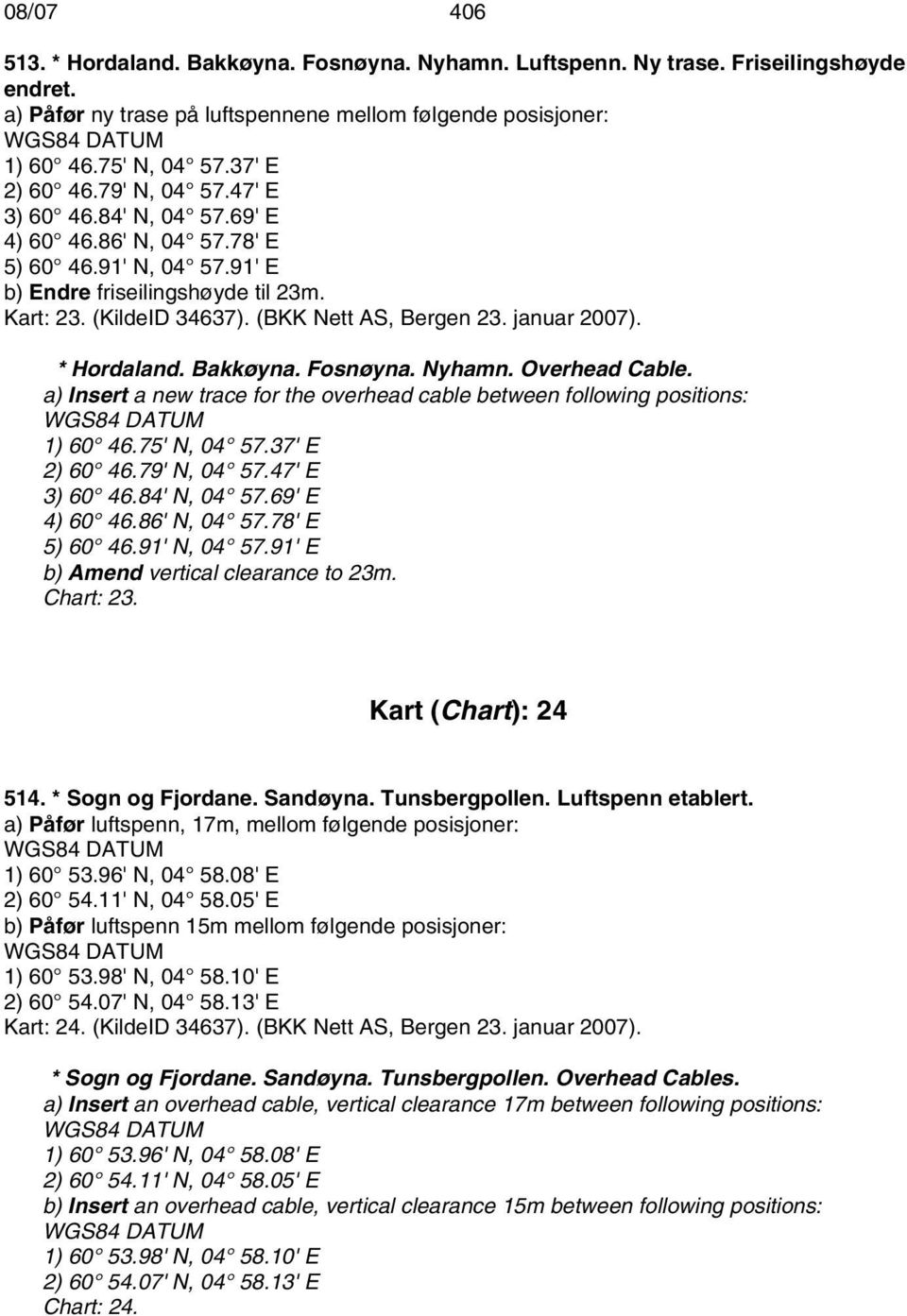 (BKK Nett AS, Bergen 23. januar 2007). * Hordaland. Bakkøyna. Fosnøyna. Nyhamn. Overhead Cable. a) Insert a new trace for the overhead cable between following positions: 1) 60 46.75' N, 04 57.