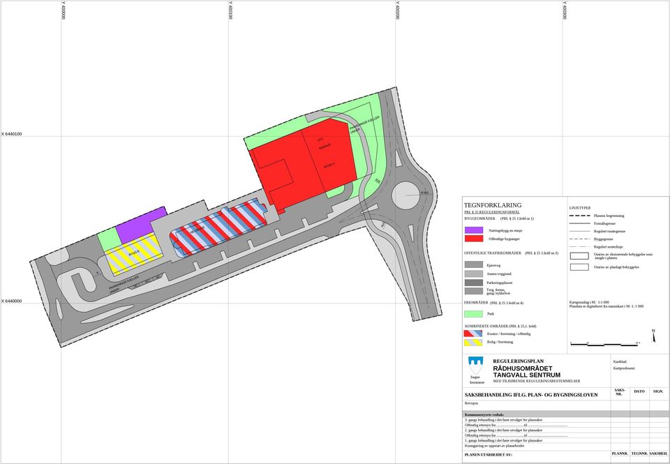 1.ledd nr.3) Regulert senterlinje Omriss av eksisterende bebyggelse som inngår i planen Omriss av planlagt bebyggelse X 6440000 Torg, fortau, gang-/sykkelvei FRIOMRÅDER (PBL 25 1.ledd nr.4) Park Kartgrunnlag i M: 1:1 000 Plandata er digitalisert fra manuskart i M: 1: 1 000 KOMBINERTE OMRÅDER (PBL 25,1.