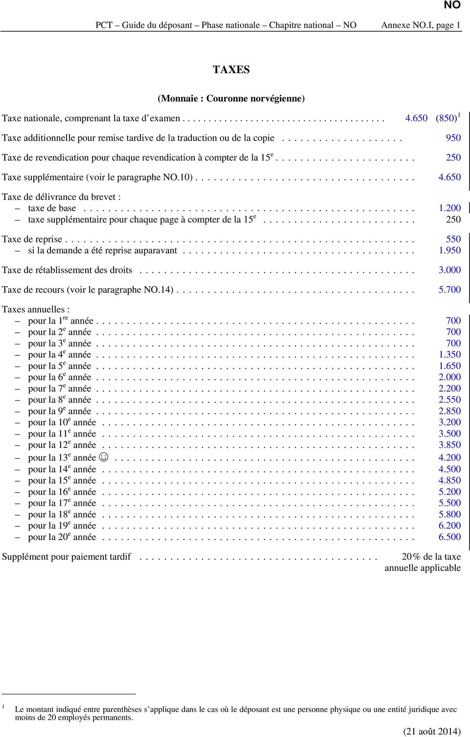 .. 250 Taxe supplémentaire (voir le paragraphe NO.10).... 4.650 Taxe de délivrance du brevet : taxe de base... 1.200 taxe supplémentaire pour chaque page à compter de la 15 e... 250 Taxe de reprise.