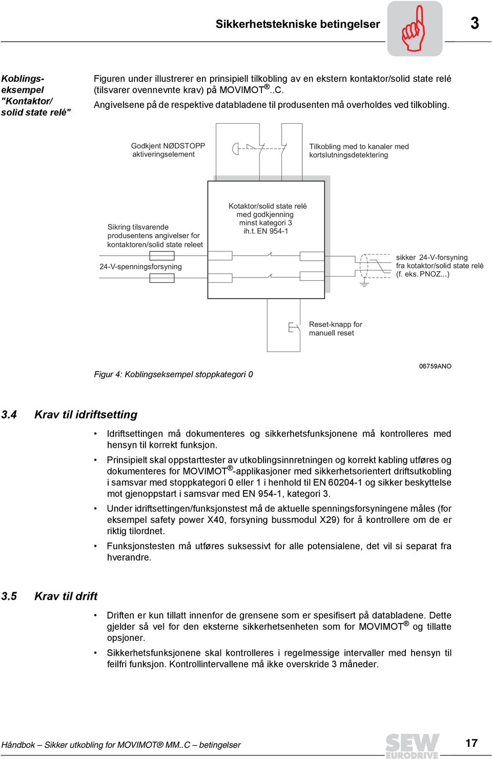 Godkjent NØDSTOPP aktiveringselement Tilkobling med to kanaler med kortslutningsdetektering Sikring tilsvarende produsentens angivelser for kontaktoren/solid state releet 24-V-spenningsforsyning