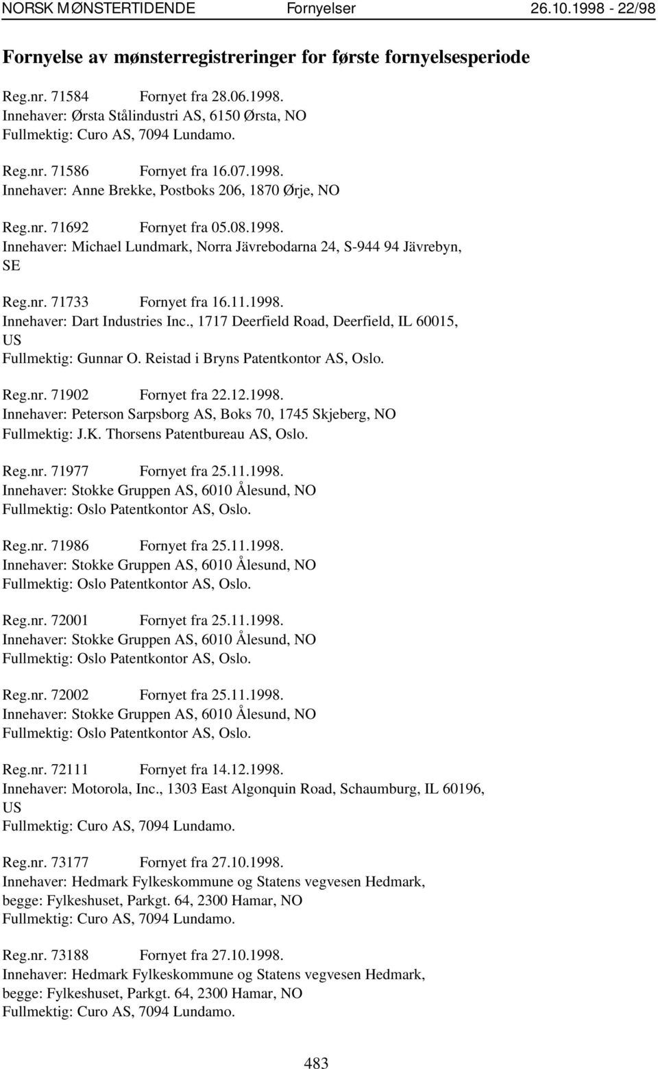 nr. 71733 Fornyet fra 16.11.1998. Innehaver: Dart Industries Inc., 1717 Deerfield Road, Deerfield, IL 60015, US Fullmektig: Gunnar O. Reistad i Bryns Patentkontor AS, Oslo. Reg.nr. 71902 Fornyet fra 22.