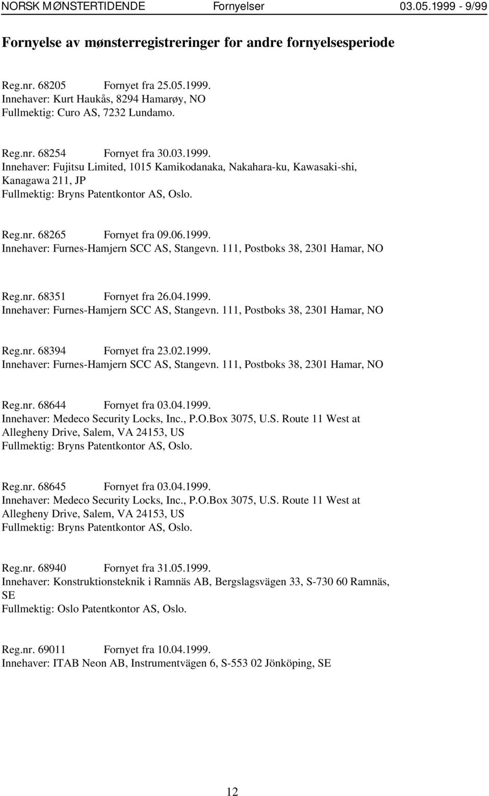 06.1999. Innehaver: Furnes-Hamjern SCC AS, Stangevn. 111, Postboks 38, 2301 Hamar, NO Reg.nr. 68351 Fornyet fra 26.04.1999. Innehaver: Furnes-Hamjern SCC AS, Stangevn. 111, Postboks 38, 2301 Hamar, NO Reg.nr. 68394 Fornyet fra 23.