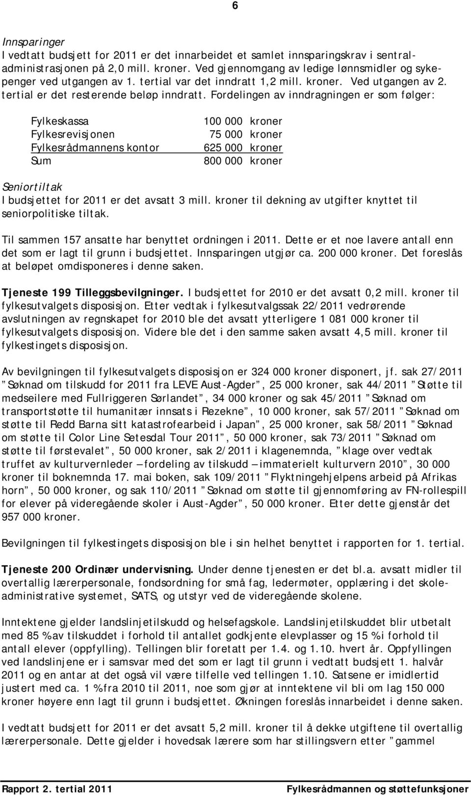 Fordelingen av inndragningen er som følger: Fylkeskassa Fylkesrevisjonen Fylkesrådmannens kontor Sum 100 000 kroner 75 000 kroner 625 000 kroner 800 000 kroner Seniortiltak I budsjettet for 2011 er