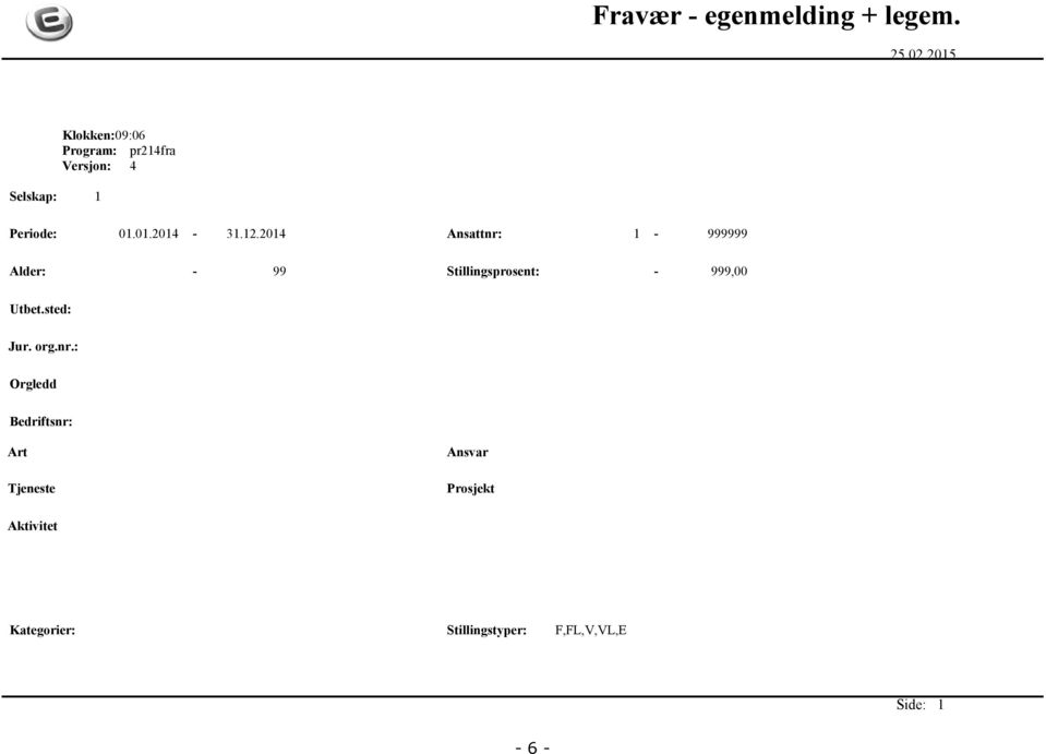 12.2014 Ansattnr: 1-999999 Alder: - 99 Stillingsprosent: - 999,00 Utbet.