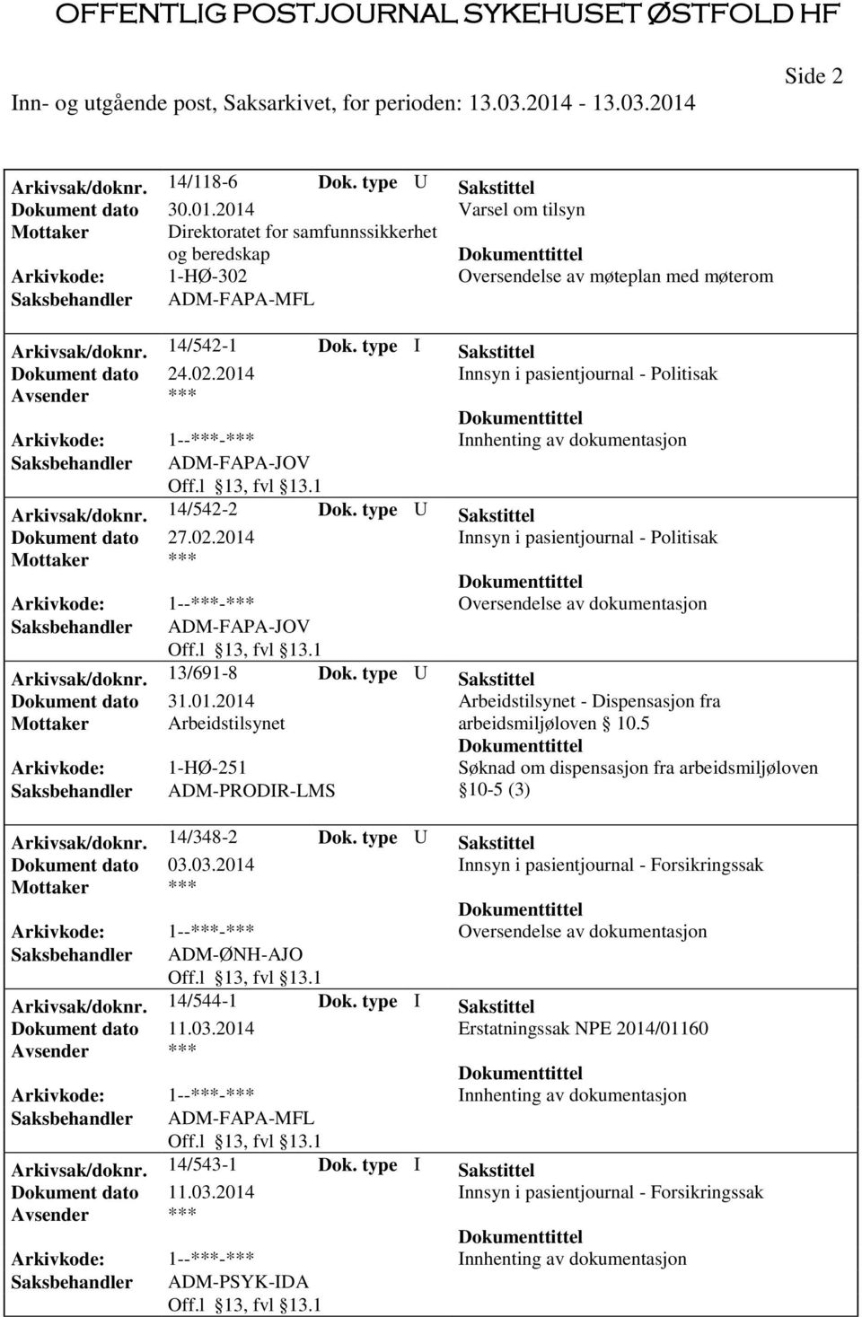 type I Sakstittel Dokument dato 24.02.2014 Innsyn i pasientjournal - Politisak Saksbehandler ADM-FAPA-JOV Arkivsak/doknr. 14/542-2 Dok. type U Sakstittel Dokument dato 27.02.2014 Innsyn i pasientjournal - Politisak Saksbehandler ADM-FAPA-JOV Arkivsak/doknr. 13/691-8 Dok.