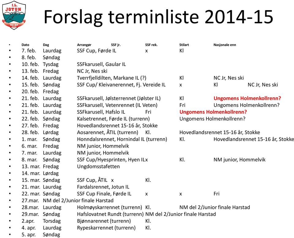 21. feb. Laurdag SSFkarusell, Vetenrennet(IL Veten) Fri Ungomens Holmenkollrenn? 21. feb. Laurdag SSFkarusell, Hafslo IL Fri Ungomens Holmenkollrenn? 22. feb. Søndag Kalsetrennet, Førde IL (turrenn) Ungomens Holmenkollrenn?