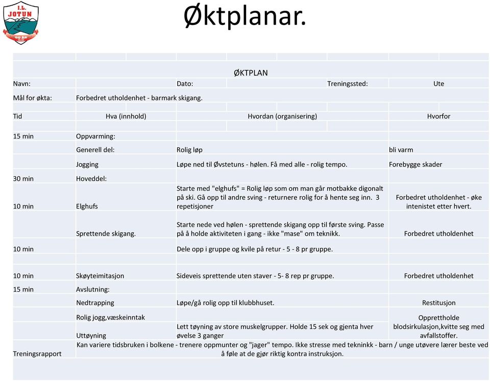 Forebygge skader 30 min Hoveddel: 10 min Elghufs Sprettende skigang. Starte med "elghufs" = Rolig løp som om man går motbakke digonalt på ski.