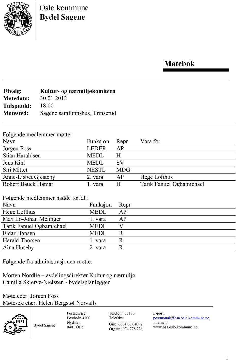 Anne-Lisbet Gjesteby 2. vara AP Hege Lofthus Robert Bauck Hamar 1. vara H Tarik Fanuel Ogbamichael Følgende medlemmer hadde forfall: Navn Funksjon Repr Hege Lofthus MEDL AP Max Lo-Johan Melinger 1.