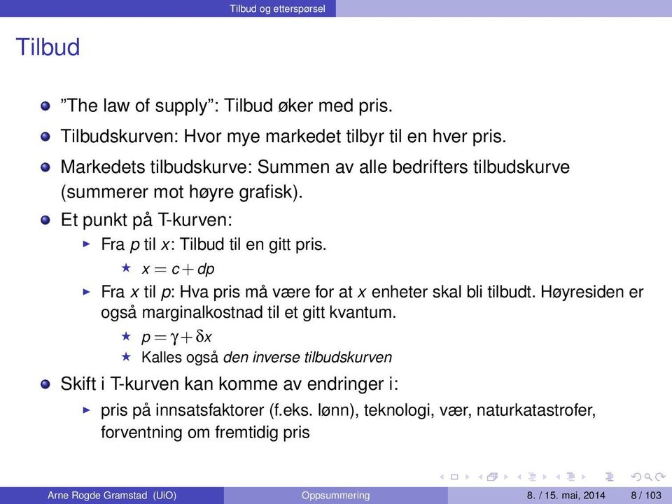 x = c + dp Fra x til p: Hva pris må være for at x enheter skal bli tilbudt. Høyresiden er også marginalkostnad til et gitt kvantum.