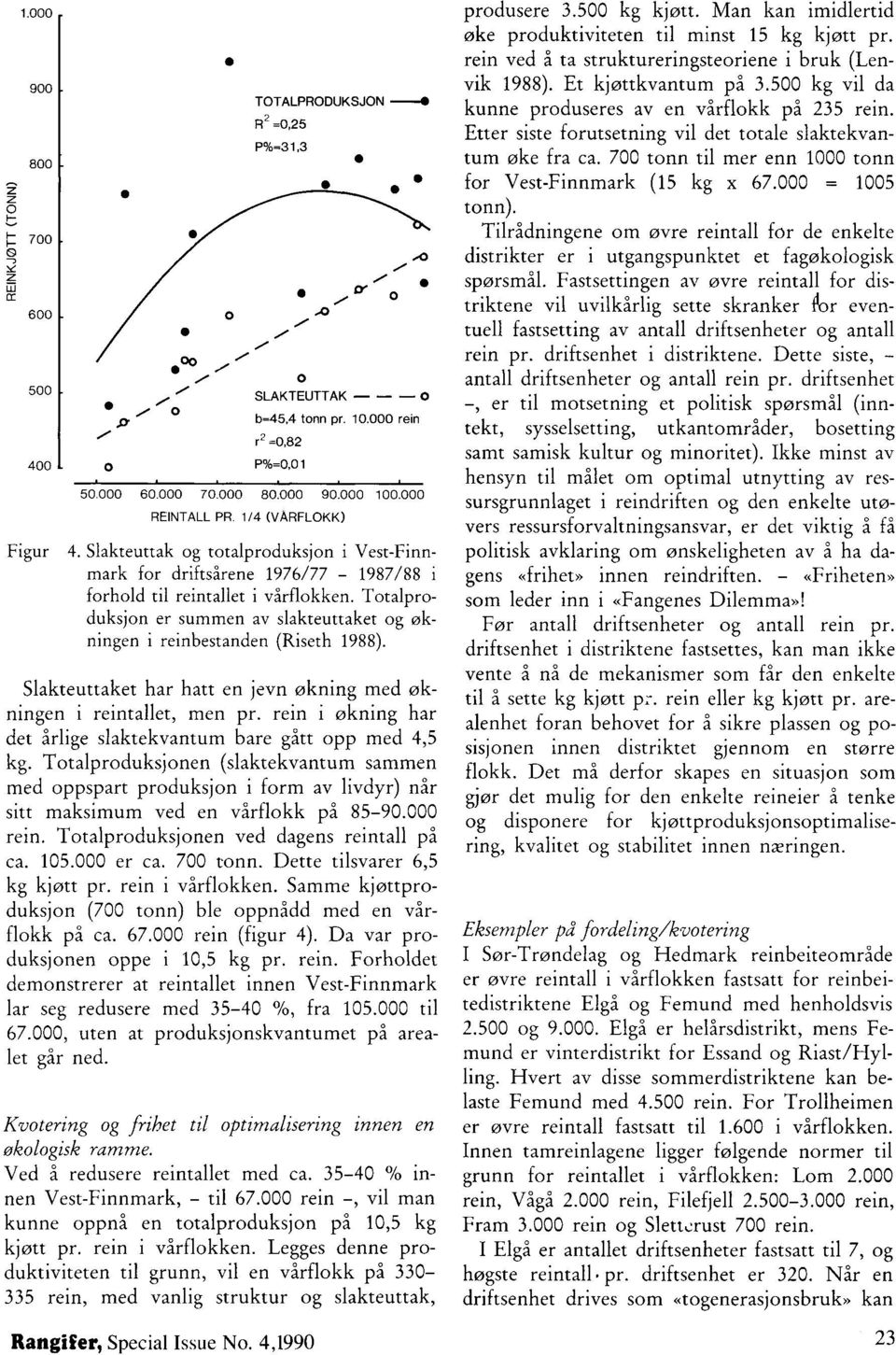 Ttalprduksjn er summen av slakteuttaket g økningen i reinbestanden (Riseth 1988). Slakteuttaket har hatt en jevn økning med økningen i reintallet, men pr.