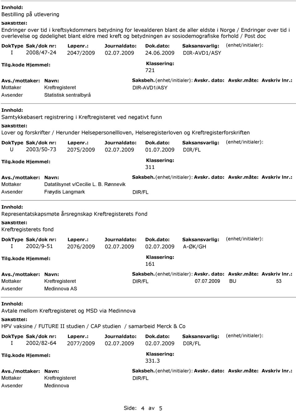 : DR-AVD1/ASY Statistisk sentralbyrå Samtykkebasert registrering i Kreftregisteret ved negativt funn 2003/50-73 2075/2009 01.07.2009 Avs./mottaker: Navn: Saksbeh. Avskr. dato: Avskr.måte: Avskriv lnr.