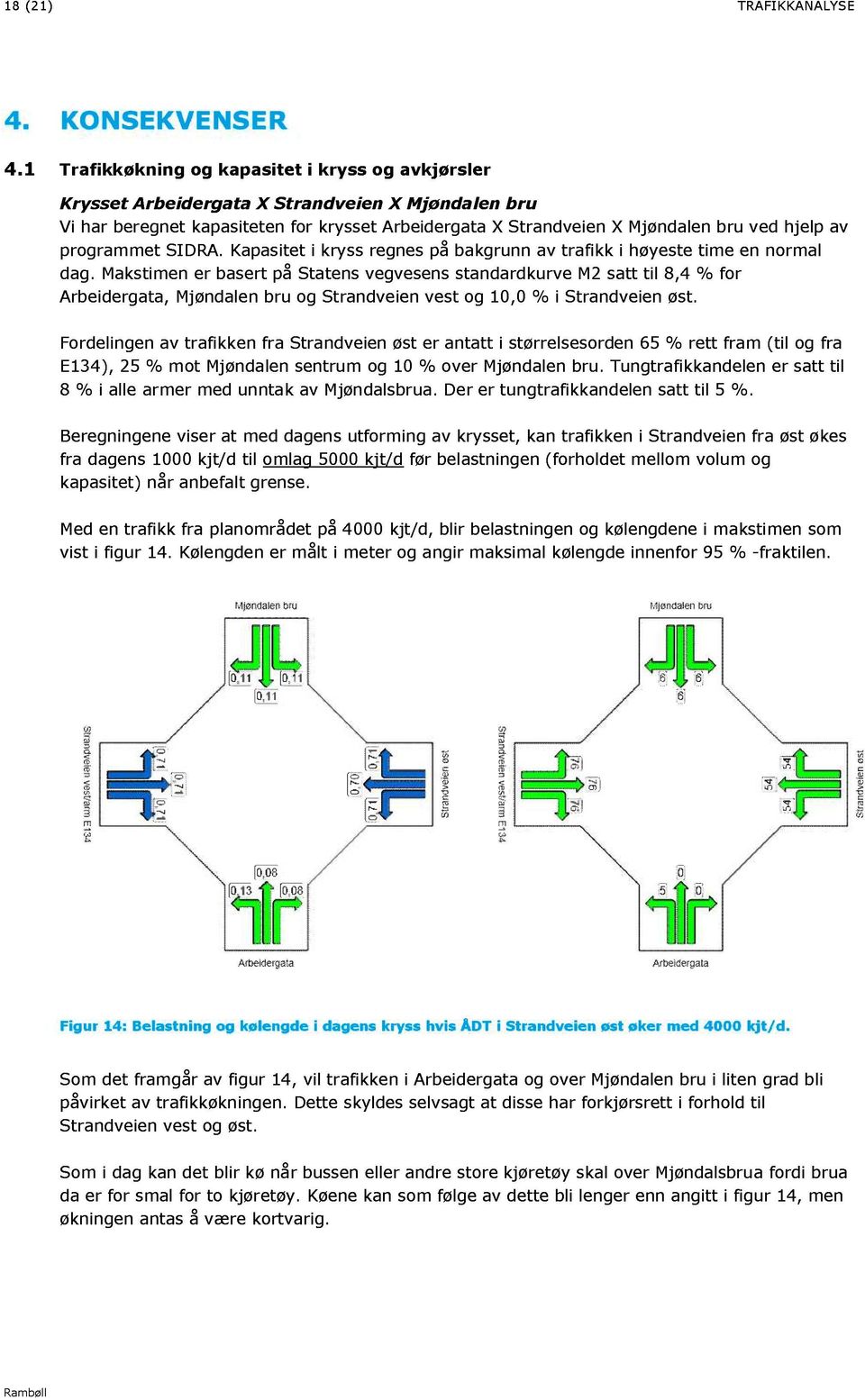 programmet SIDRA. Kapasitet i kryss regnes på bakgrunn av trafikk i høyeste time en normal dag.