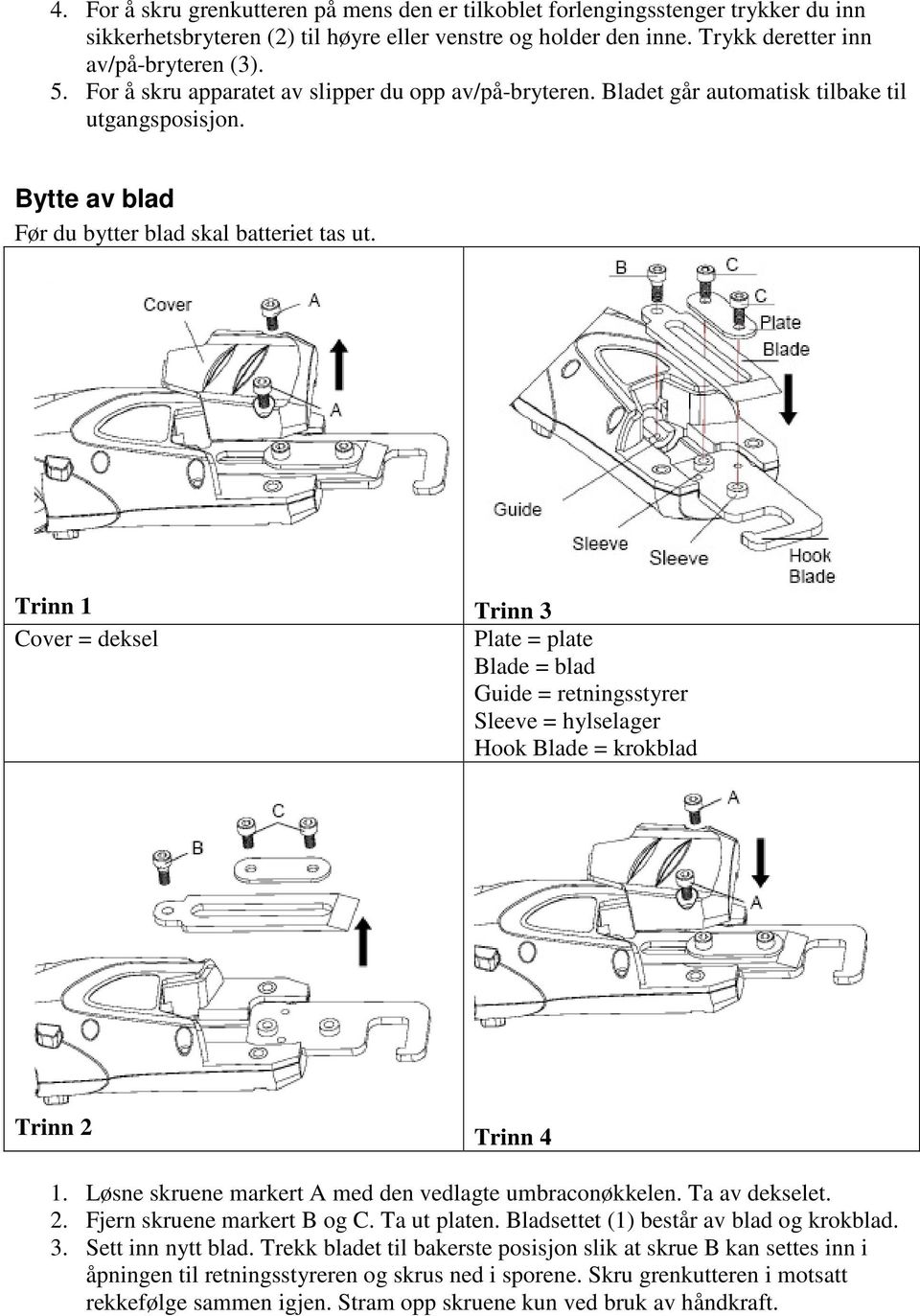 Trinn 1 Trinn 3 Cover = deksel Plate = plate Blade = blad Guide = retningsstyrer Sleeve = hylselager Hook Blade = krokblad Trinn 2 Trinn 4 1. Løsne skruene markert A med den vedlagte umbraconøkkelen.