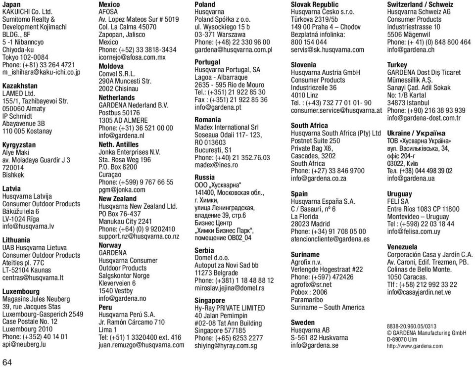 Moladaya Guardir J 3 720014 Bishkek Latvia Husqvarna Latvija Bākūžu iela 6 LV-1024 Rīga info@husqvarna.lv Lithuania UAB Husqvarna Lietuva Ateities pl. 77C LT-52104 Kaunas centras@husqvarna.
