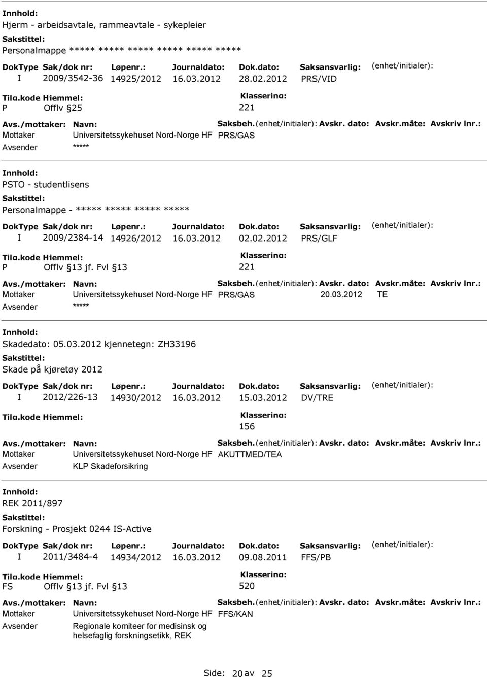 /mottaker: Navn: Saksbeh. Avskr. dato: Avskr.måte: Avskriv lnr.: Mottaker niversitetssykehuset Nord-Norge HF RS/GAS 20.03.