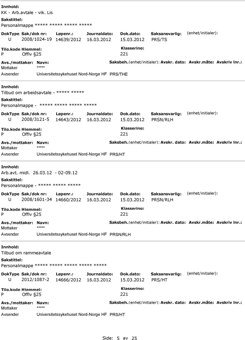 dato: Avskr.måte: Avskriv lnr.: niversitetssykehuset Nord-Norge HF RS/HT Arb.avt. midl. 26.03.12-02-09.12 ersonalmappe - ***** ***** ***** 2008/1601-34 14660/2012 RSN/RLH Avs./mottaker: Navn: Saksbeh.