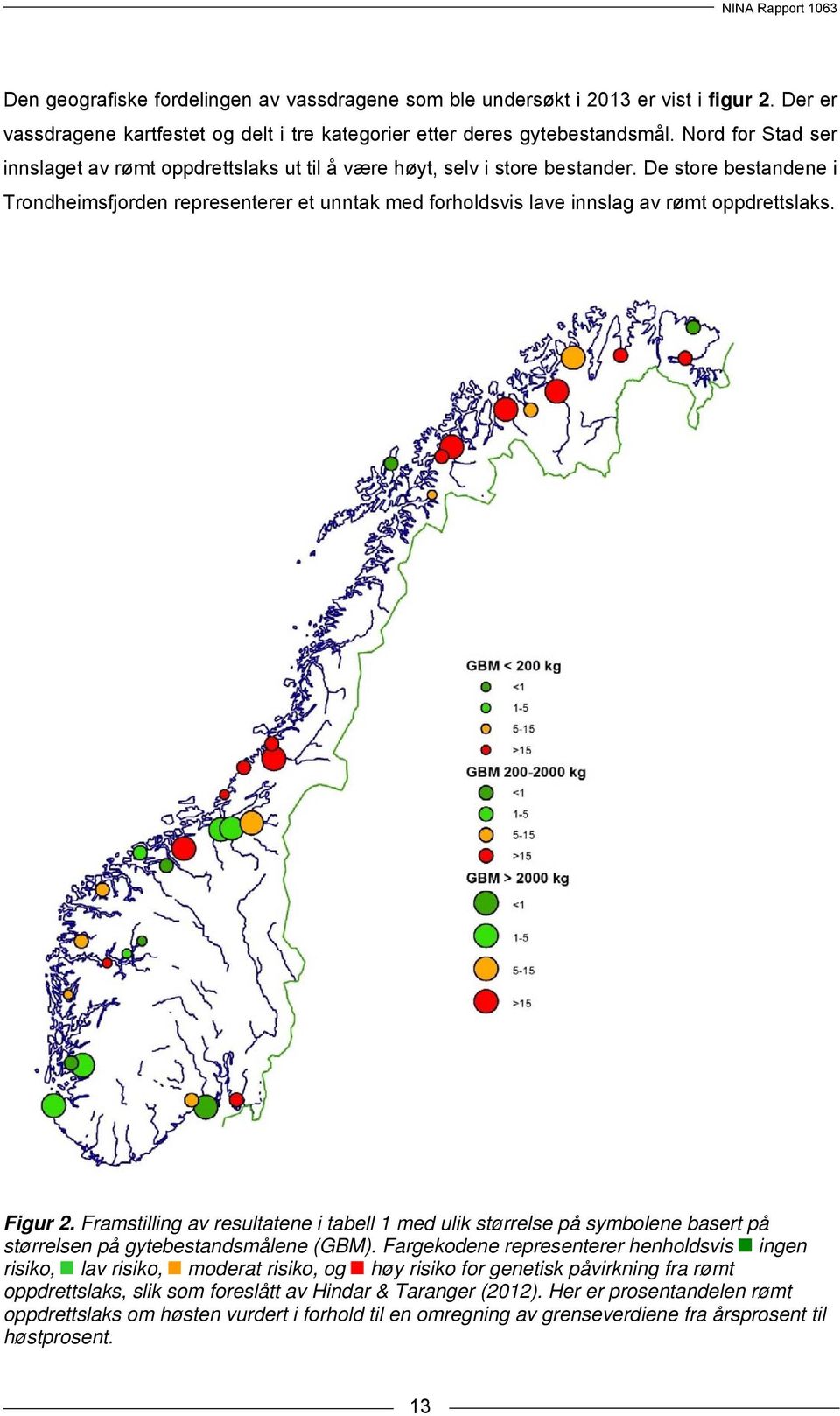 De store bestandene i Trondheimsfjorden representerer et unntak med forholdsvis lave innslag av rømt oppdrettslaks. Figur 2.