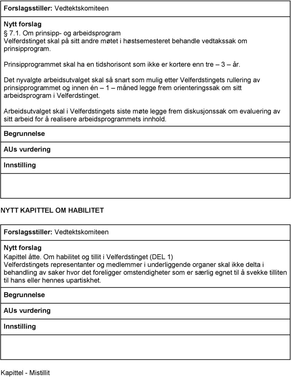 Det nyvalgte arbeidsutvalget skal så snart som mulig etter Velferdstingets rullering av prinsipprogrammet og innen én 1 måned legge frem orienteringssak om sitt arbeidsprogram i Velferdstinget.