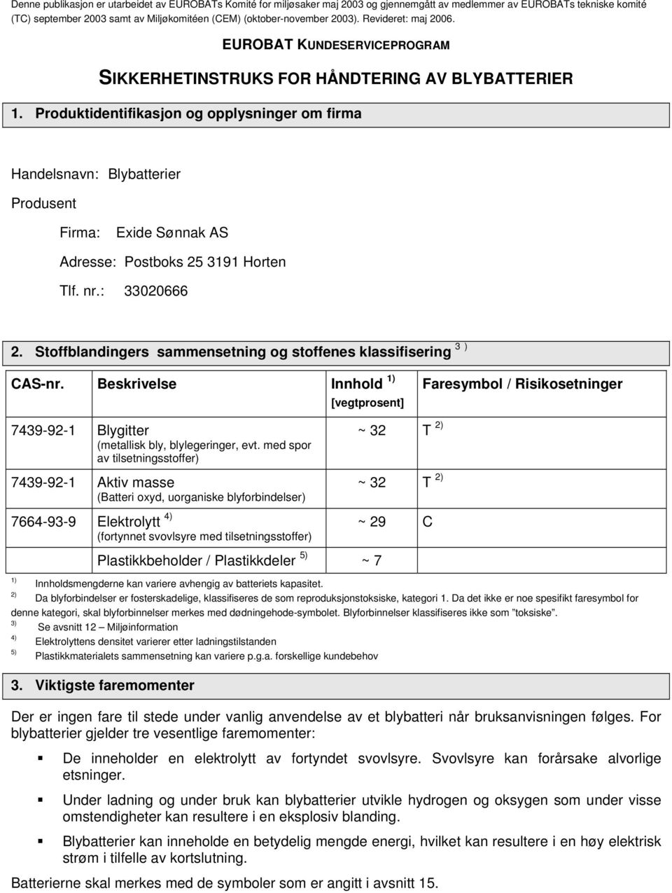 Produktidentifikasjon og opplysninger om firma Handelsnavn: Blybatterier Produsent Firma: Exide Sønnak AS Adresse: Postboks 25 3191 Horten Tlf. nr.: 33020666 2.