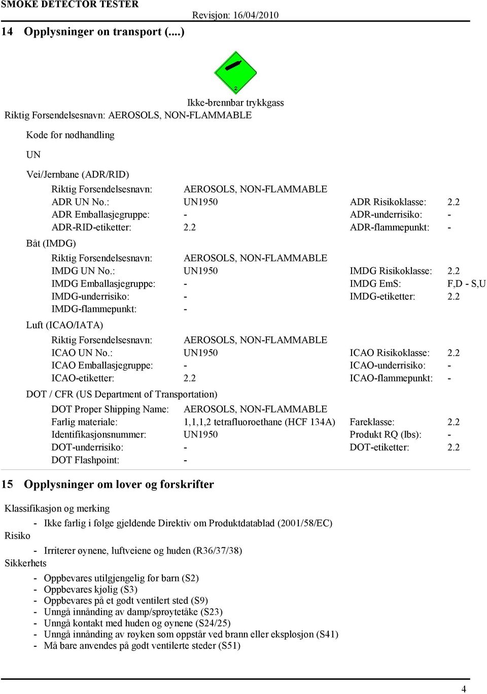 2 IMDG Emballasjegruppe: - IMDG EmS: F,D - S,U IMDG-underrisiko: - IMDG-etiketter: 2.2 IMDG-flammepunkt: - Luft (ICAO/IATA) ICAO UN No.: UN1950 ICAO Risikoklasse: 2.