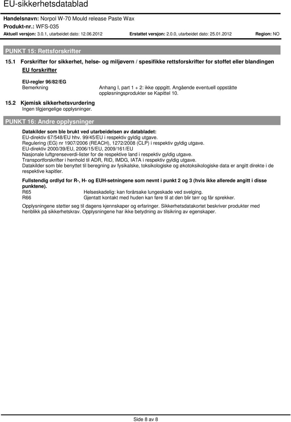 PUNKT 16: Andre opplysninger Datakilder som ble brukt ved utarbeidelsen av databladet: EU-direktiv 67/548/EU hhv. 99/45/EU i respektiv gyldig utgave.