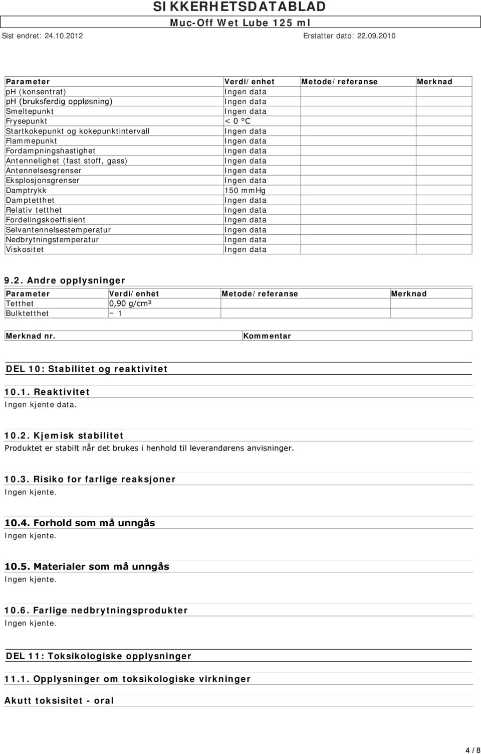 9.2. Andre opplysninger Parameter Verdi/enhet Metode/referanse Merknad Tetthet 0,90 g/cm³ Bulktetthet ~ 1 Merknad nr. Kommentar DEL 10: Stabilitet og reaktivitet 10.1. Reaktivitet Ingen kjente data.