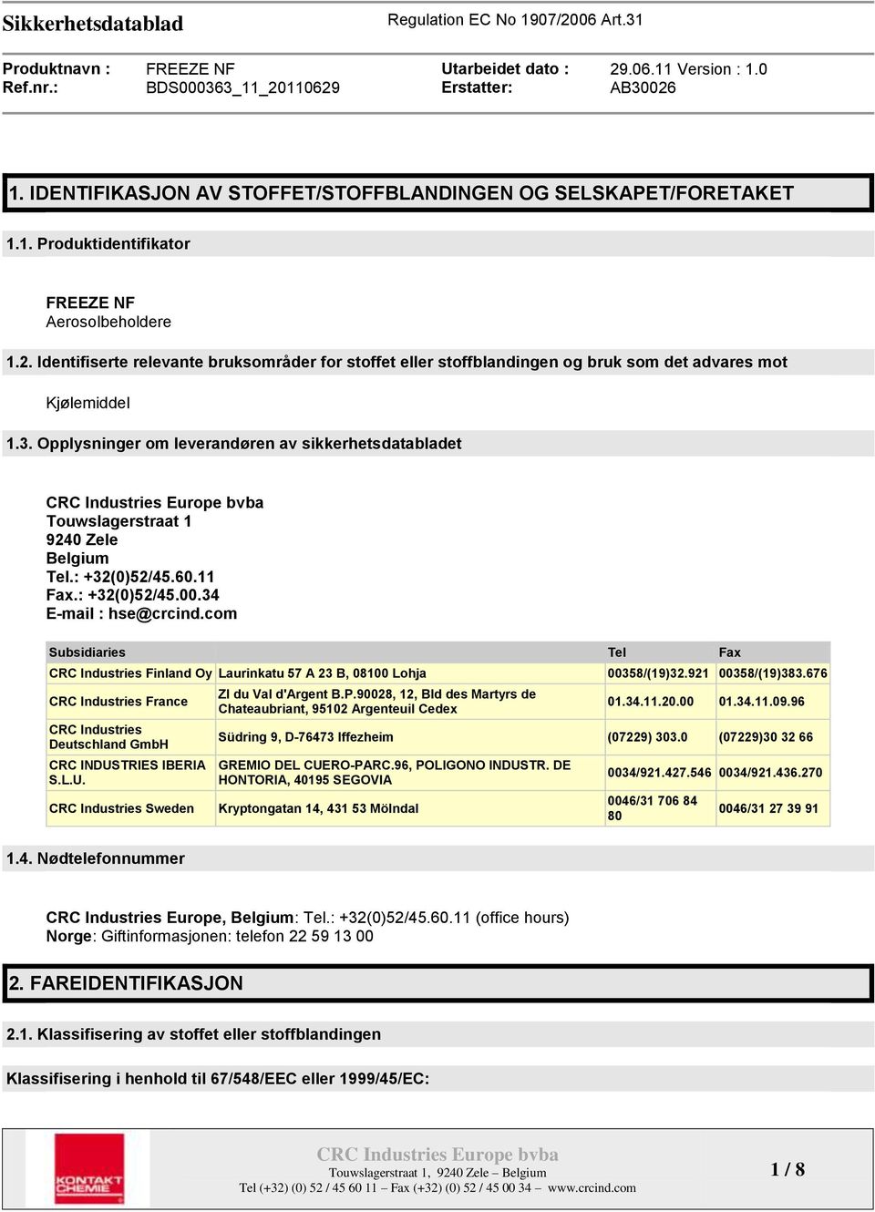 Opplysninger om leverandøren av sikkerhetsdatabladet Touwslagerstraat 1 9240 Zele Belgium Tel.: +32(0)52/45.60.11 Fax.: +32(0)52/45.00.34 E-mail : hse@crcind.