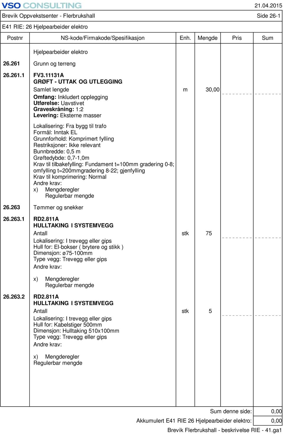 EL Grunnforhold: Komprimert fylling Restriksjoner: Ikke relevant Bunnbredde: 0,5 m Grøftedybde: 0,7-1,0m Krav til tilbakefylling: Fundament t=100mm gradering 0-8; omfylling t=200mmgradering 8-22;