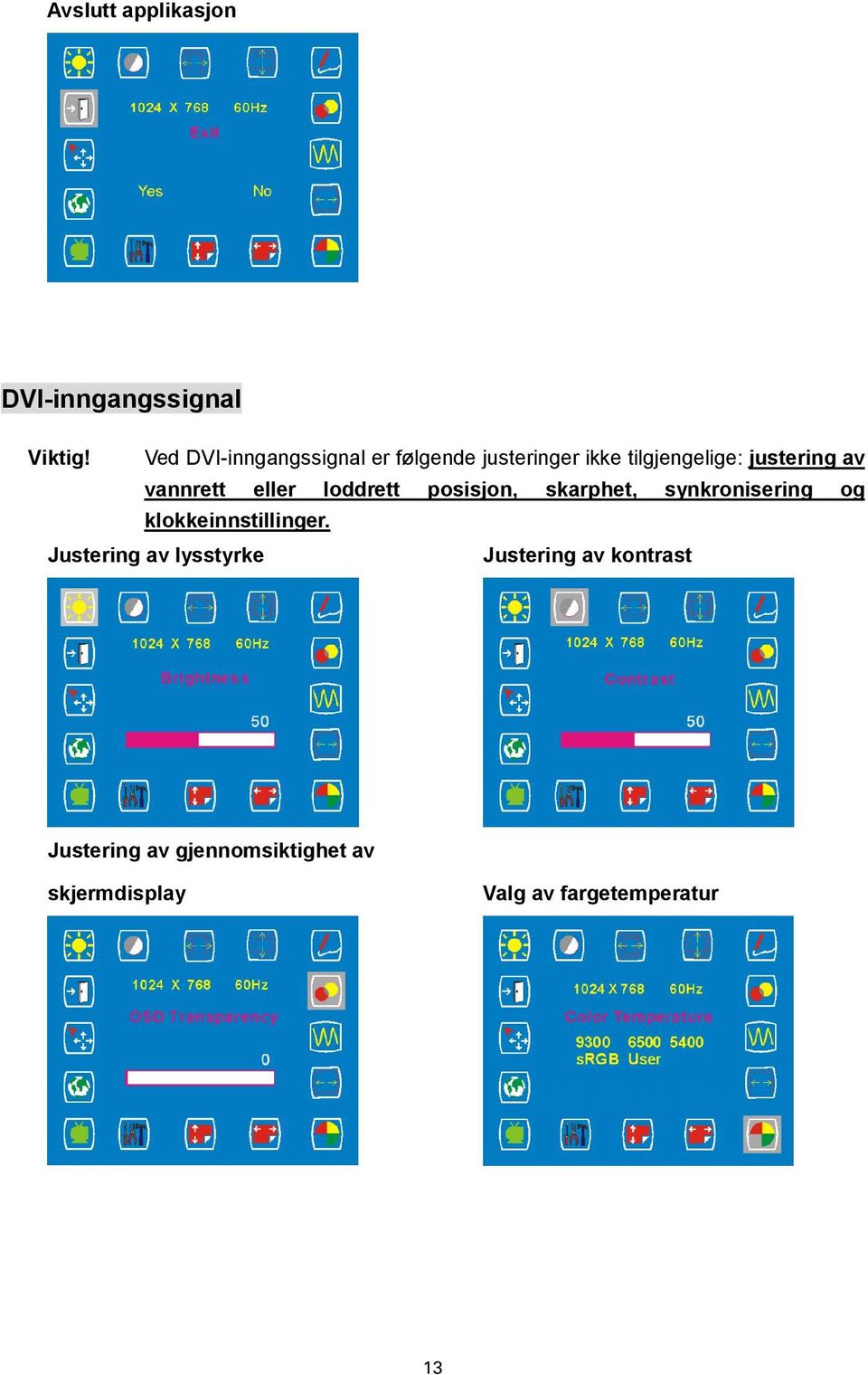 vannrett eller loddrett posisjon, skarphet, synkronisering og klokkeinnstillinger.