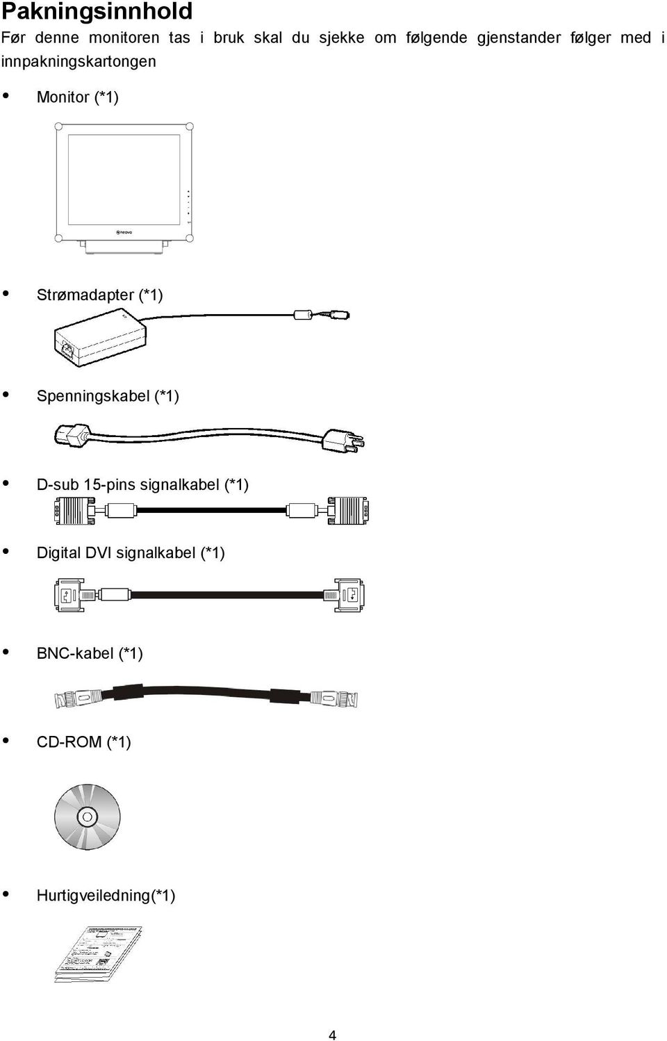 Strømadapter (*1) Spenningskabel (*1) D-sub 15-pins signalkabel (*1)