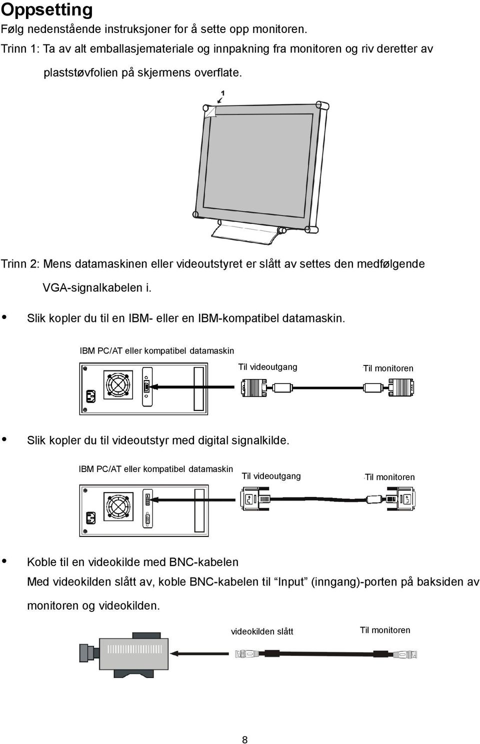 Trinn 2: Mens datamaskinen eller videoutstyret er slått av settes den medfølgende VGA-signalkabelen i. Slik kopler du til en IBM- eller en IBM-kompatibel datamaskin.