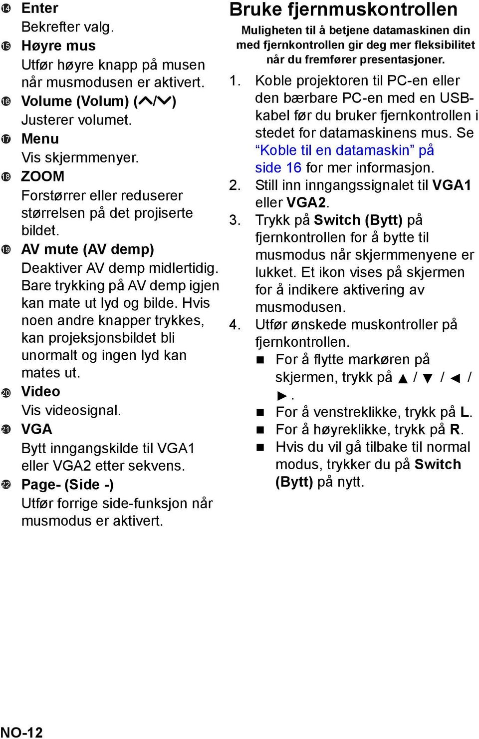 Hvis noen andre knapper trykkes, kan projeksjonsbildet bli unormalt og ingen lyd kan mates ut. Video Vis videosignal. VGA Bytt inngangskilde til VGA1 eller VGA2 etter sekvens.