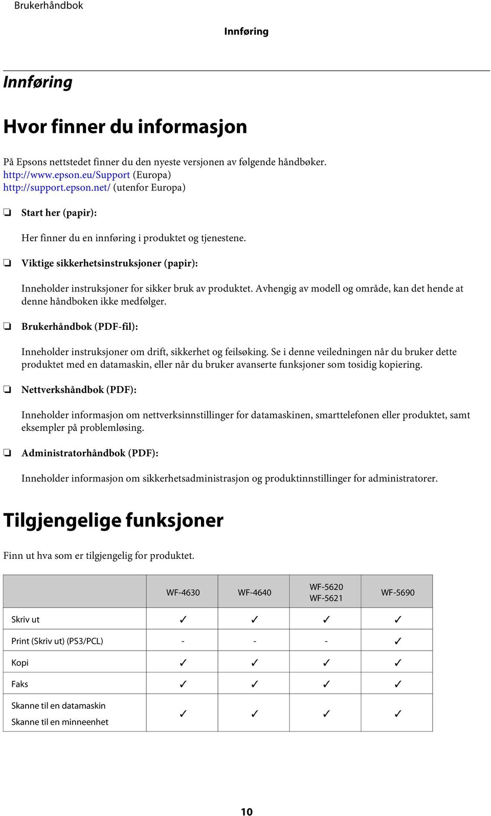 Viktige sikkerhetsinstruksjoner (papir): Inneholder instruksjoner for sikker bruk av produktet. Avhengig av modell og område, kan det hende at denne håndboken ikke medfølger.