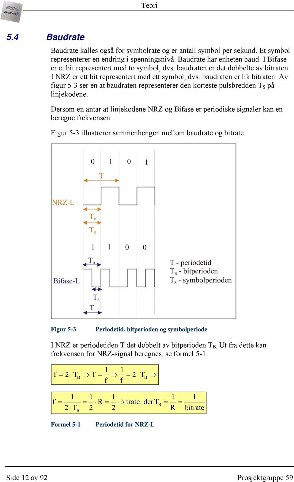 Av figur 5-3 ser en at baudraten representerer den korteste pulsbredden T S på linjekodene. Dersom en antar at linjekodene NRZ og Bifase er periodiske signaler kan en beregne frekvensen.