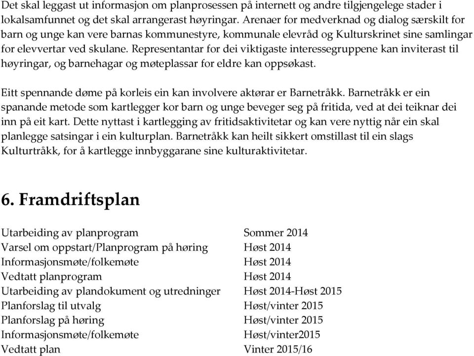 Representantar for dei viktigaste interessegruppene kan inviterast til høyringar, og barnehagar og møteplassar for eldre kan oppsøkast.