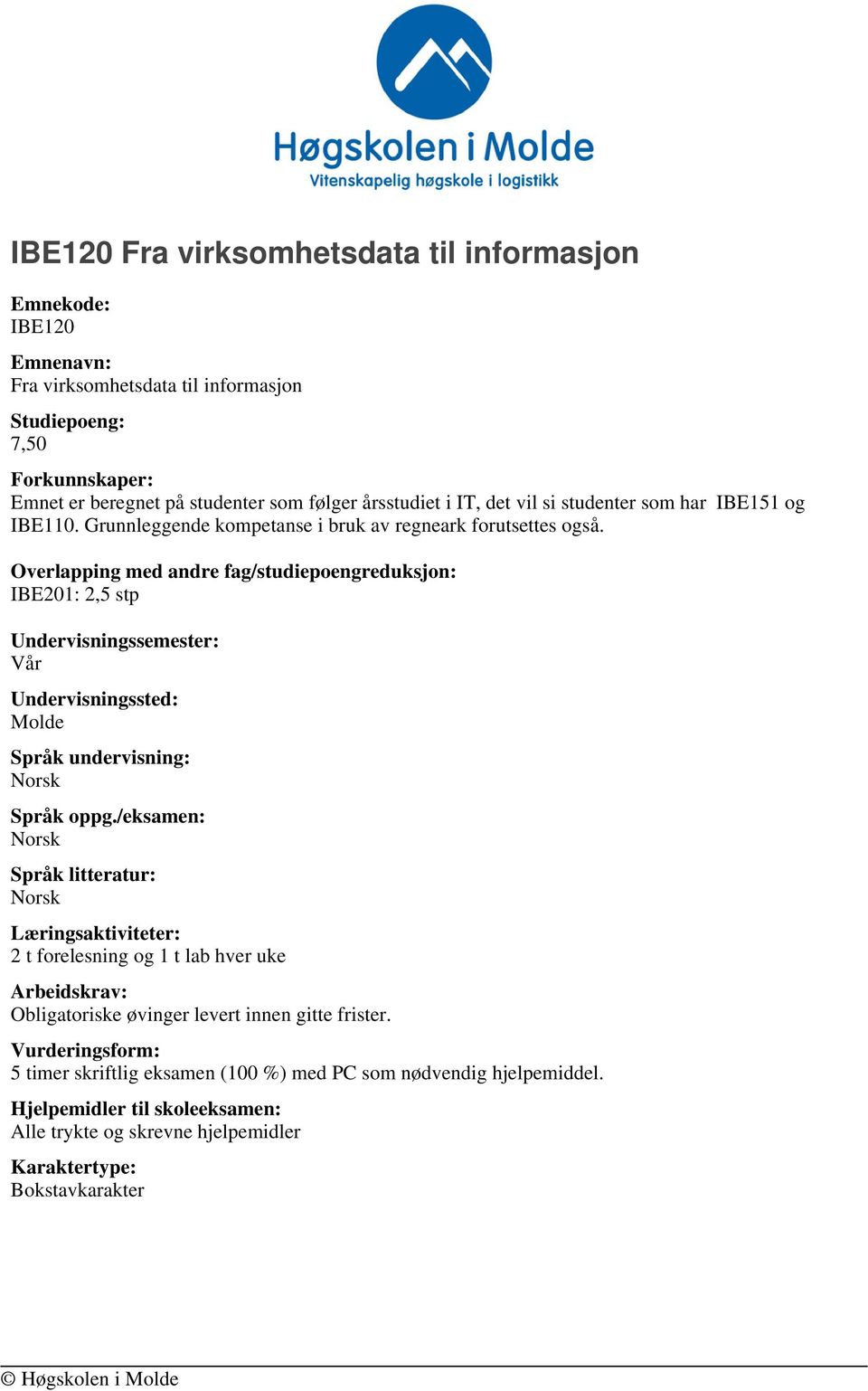 Overlapping med andre fag/studiepoengreduksjon: IBE201: 2,5 stp Undervisningssemester: Vår Undervisningssted: Molde Språk undervisning: Språk oppg.