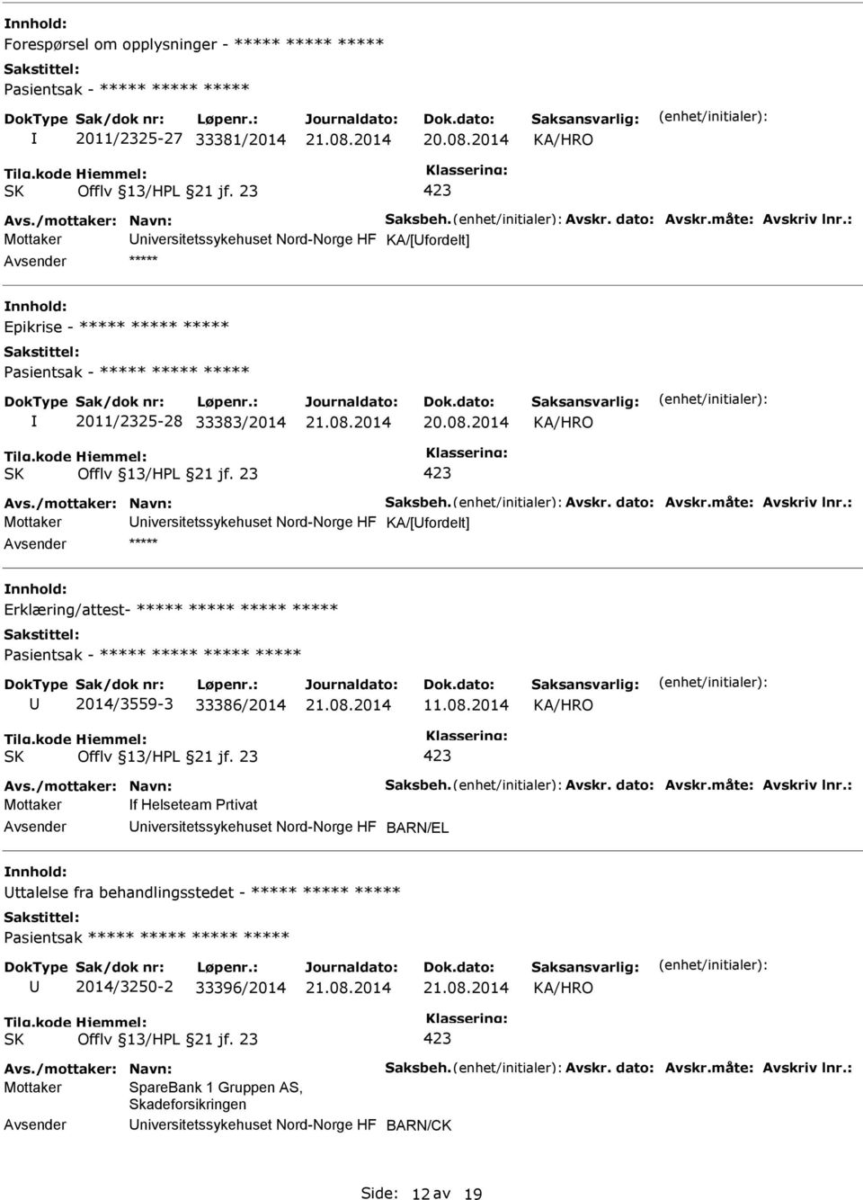 måte: Avskriv lnr.: Avsender ***** nnhold: Erklæring/attest- ***** ***** ***** ***** asientsak - ***** ***** ***** ***** U 2014/3559-3 33386/2014 11.08.2014 Offlv 13/HL 21 jf. 23 Avs.