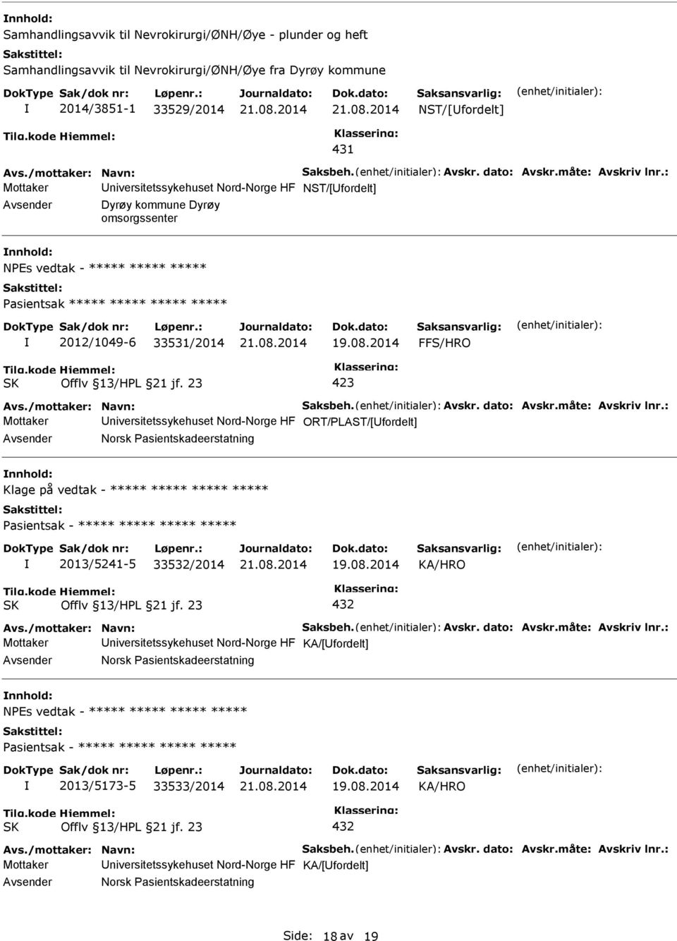 : Mottaker Universitetssykehuset Nord-Norge HF NST/[Ufordelt] Avsender Dyrøy kommune Dyrøy omsorgssenter nnhold: NEs vedtak - ***** ***** ***** asientsak ***** ***** ***** ***** 2012/1049-6