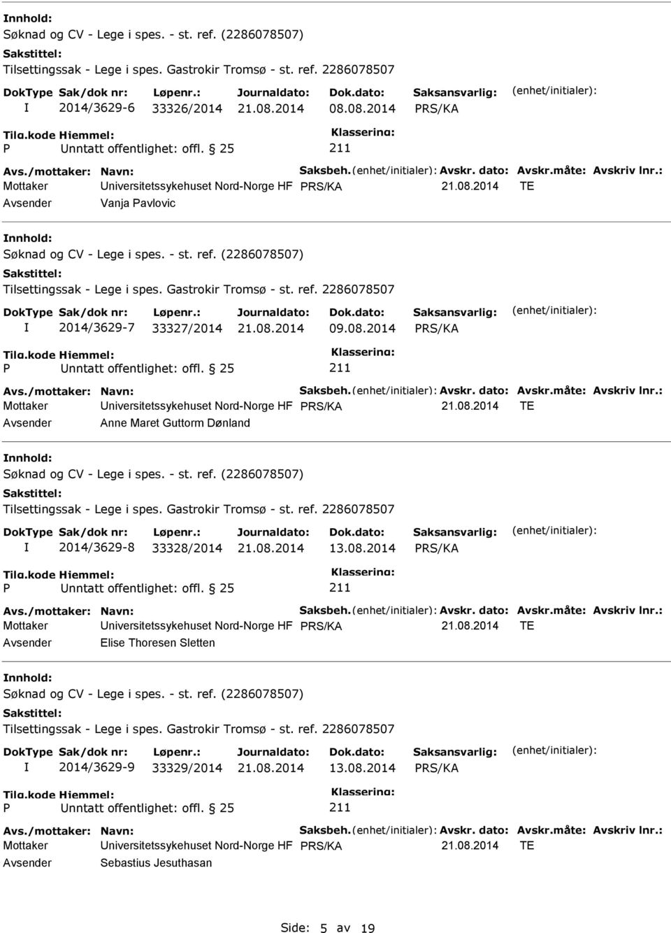 : Mottaker Universitetssykehuset Nord-Norge HF TE Avsender Anne Maret Guttorm Dønland nnhold: 2014/3629-8 33328/2014 13.08.2014 Avs./mottaker: Navn: Saksbeh. Avskr. dato: Avskr.