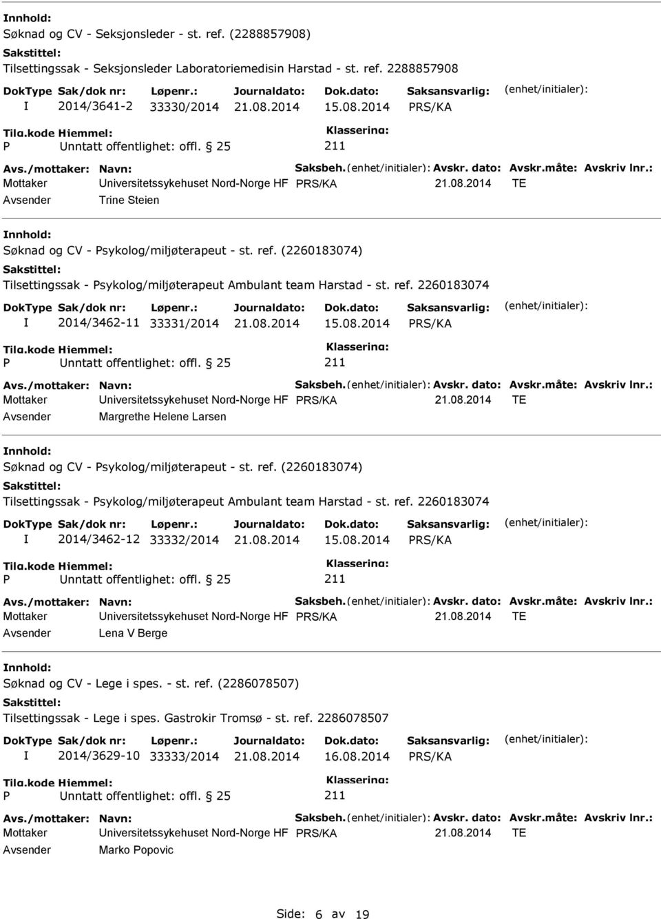 (2260183074) Tilsettingssak - sykolog/miljøterapeut Ambulant team Harstad - st. ref. 2260183074 2014/3462-11 33331/2014 15.08.2014 Avs./mottaker: Navn: Saksbeh. Avskr. dato: Avskr.måte: Avskriv lnr.