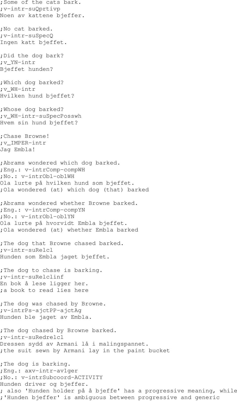 : v-intrcomp-compwh ;No.: v-introbl-oblwh Ola lurte på hvilken hund som bjeffet. ;Ola wondered (at) which dog (that) barked ;Abrams wondered whether Browne barked. ;Eng.: v-intrcomp-compyn ;No.